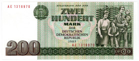 DEUTSCHE DEMOKRATISCHE REPUBLIK, 1948-1989, Ausgaben der Staatsbank der DDR, 1971-1989, 200 Mark 1985, Rs.hellgrüner Druck, Serie AE.
I
Ros.364F1; G...