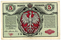 MILITÄR- UND BESATZUNGSAUSGABEN DES I. WELTKRIEGS, Generalgouvernement Warschau, 1917, 5 Marek 09.12.1916. Dritte Ausgabe, Serie B, erste Stelle KN 1....