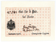 MILITÄR- UND BESATZUNGSAUSGABEN DES I. WELTKRIEGS, Georgische Legion Samsun (Türkei), 1916, 5 Piaster 1916, KN handschriftlich, Us.mit Viz. Feldw. d. ...