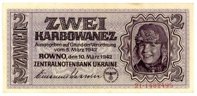 MILITÄRGELD UND BESATZUNGSAUSGABEN DES II. WELTKRIEGS, Besatzungsausgaben der UdSSR, 1941/1942, Zentralnotenbank Ukraine. 2 Karbowanez 10.03.1942, KN ...