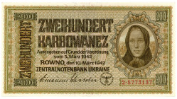 MILITÄRGELD UND BESATZUNGSAUSGABEN DES II. WELTKRIEGS, Besatzungsausgaben der UdSSR, 1941/1942, Zentralnotenbank Ukraine. 200 Karbowanez 10.03.1942, 1...