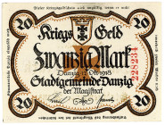 NEBENGEBIETE, Danzig, 1914-1938, Magistrat. 20 Mark 12.10.1918, Kriegsgeld. Ohne Wz. Rs.gedruckter Stempel Unültig.
I
Ros.787a; Grab.-
