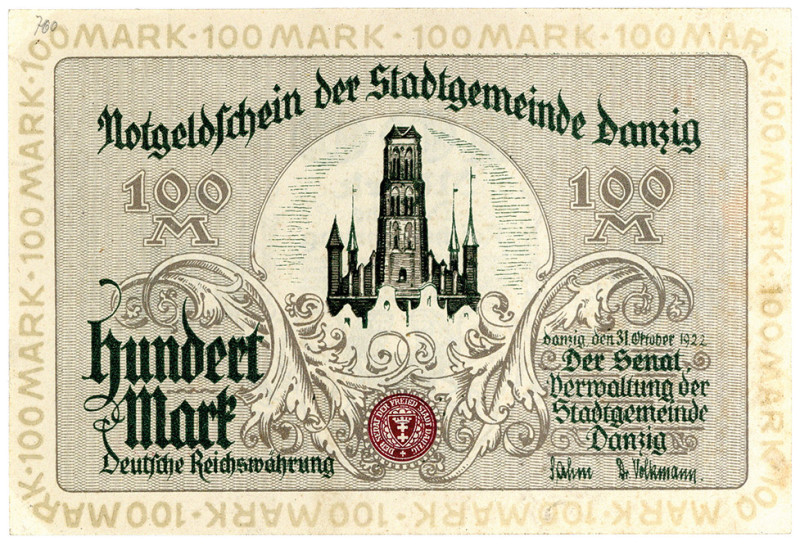 NEBENGEBIETE, Danzig, 1914-1938, 100 Mark 31.10.1922.
I
Ros.792; Grab.DAN-16