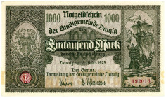 NEBENGEBIETE, Danzig, 1914-1938, 1000 Mark 15.03.1923, Papier sämisch und dick.
I-
Ros.795b; Grab.DAN-19b