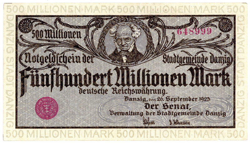NEBENGEBIETE, Danzig, 1914-1938, 500 Millionen Mark 26.09.1923. Randdruck grau....