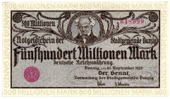 NEBENGEBIETE, Danzig, 1914-1938, 500 Millionen Mark 26.09.1923. Randdruck grau.
II
Ros.807a; Grab.DAN-31a