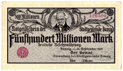 NEBENGEBIETE, Danzig, 1914-1938, 500 Millionen Mark 26.09.1923. Randdruck gelb.
II
Ros.807b; Grab.DAN-31b
