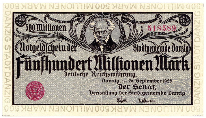 NEBENGEBIETE, Danzig, 1914-1938, 500 Millionen Mark 26.09.1923. Randdruck grau u...