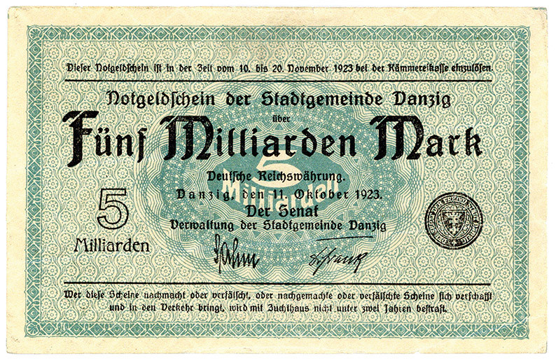 NEBENGEBIETE, Danzig, 1914-1938, 5 Milliarden Mark 11.10.1923. Wz.Quadrate.
I-I...