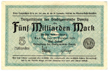 NEBENGEBIETE, Danzig, 1914-1938, 5 Milliarden Mark 11.10.1923. Wz.Quadrate.
I-II
Ros.809a; Grab.DAN-33a