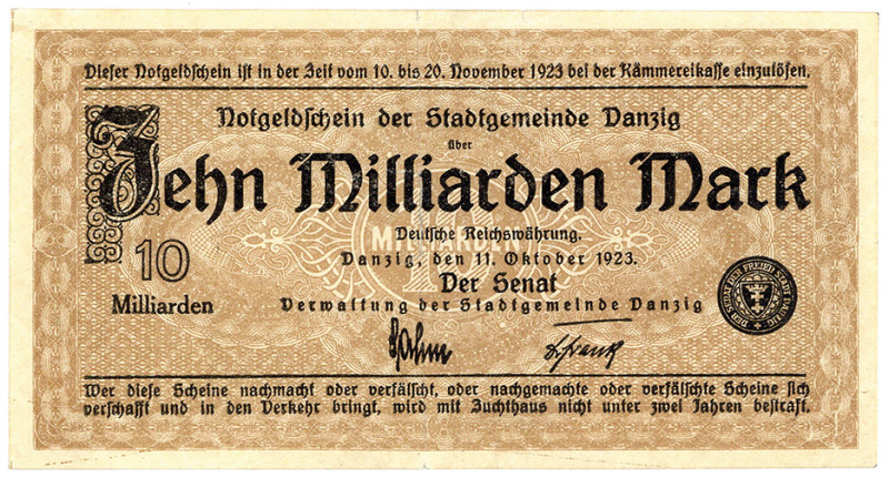 NEBENGEBIETE, Danzig, 1914-1938, 10 Milliarden Mark 11.10.1923. Wz.Quadrate, ohn...