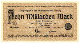 NEBENGEBIETE, Danzig, 1914-1938, 10 Milliarden Mark 11.10.1923. Wz.Quadrate, ohne KN.
II
Ros.810a; Grab.DAN-34a