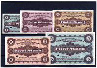 GEFANGENENLAGER, Göttingen, KGL. 1, 10, 50 Pfennig, 2, 5 Mark o.D. Muster gelocht, ohne Stempel.
I-
KGL 288.01; 03; 04; 06; 07