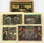NOTGELD BESONDERER ART, Osterwieck, Stadt. 20, 50, 100, 500 Mark Glaceleder, Erh.3x I, 1x I-. DAZU:Bielefeld, 100 Mark Seide, Kurbelstickerei. Grab.34...