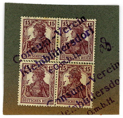 BRIEFMARKENNOTGELD, Kleinblittersdorf, Konsumverein. 4x 15 Pfennig o.D. Germania...