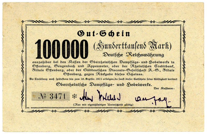 BADEN, Offenburg, Oberrheinische Dampfsäge- und Hobelwerke. 100.000 Mark o.D., g...