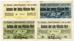 BAYERN, Lohr, G.L.Rexroth-Lohrer Eisenwerke. 2 Milliarden, 10 Milliarden 27.10.1923, 20 Milliarden, 50 Milliarden 03.11.1923. Lot 4 Scheine.
III
Ke....