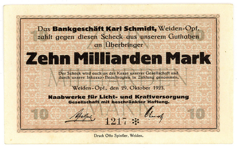 BAYERN, Weiden, Naabwerke. 10 Milliarden Mark 29.10.1923.
III+
Ke.5494