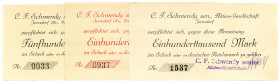 BERLIN, BRANDENBURG, Zerndorf, C.F.Schwendy senior. 2x 100.000 Mark (rot und schwarz), 500.000 Mark. Lot 3 Scheine.
I-II
Ke.5784a,b