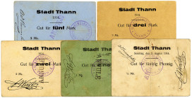 ELSASS-LOTHRINGEN, Thann, Stadt. 50 Pfennig (II-), 1(III), 2(II), 3(I-), 5 Mark 1914(III), alle entwertet.
I-/III
Di.395.1; 3-6