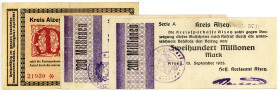 HESSEN, Alzey, Kreis. 2x 200 Millionen Mark 15.09.1923 Serie A,C, 100 Milliarden Mark 26.10.1923. 3 Scheine.
II-III
Ke.0087