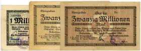 HESSEN, Rüdesheim, Rheingaukreis. 1 Million Mark 09.08.1923, 2x20 Millionen Mark 02.09.1923, verschiedene Uschr.
III(2x), IV
Ke.4556f,o