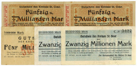 HESSEN, St.Goar, Kreisausschuß. 5 Millionen, 2x20 Millionen, 2x50 Milliarden Mark 1923. 5 Scheine, alle verschieden.
II-III
Ke.4716