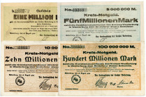 HESSEN, Westerberg, Kreis. 1, 5, 10, 100 Millionen Mark 16.08.1923. 4 Scheine.
I-III
Ke.5579a,b