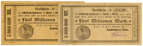NIEDERSACHSEN, Brake, Stadtkämmerei. 2x 5 Millionen Mark 05.09.1923. KN gestempelt und handschriftlich.
III
Ke.548I,II