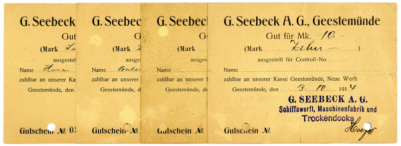 NIEDERSACHSEN, Geestemünde, C.Seebeck. 10,35 Mark, 6,90 Mark 10.08.1914, je Erh....