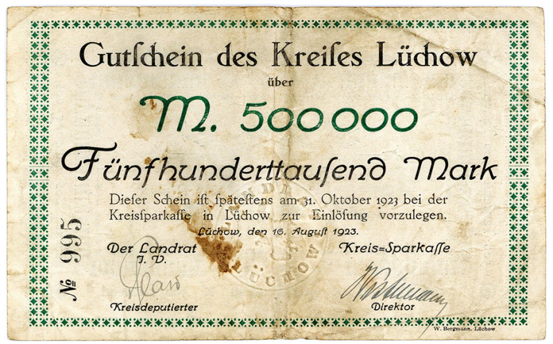 NIEDERSACHSEN, Lüchow, Kreis. 500.000 Mark 16.08.1923.
III
Ke.3346