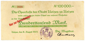 NIEDERSACHSEN, Uelzen, Stadt. 100.000 Mark 8.8.1923, Wz 30mm.
II-
Ke.5258bI