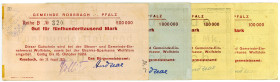 PFALZ, Roßbach, Gemeinde. 2x 100.000, 500.000, 1 Million Mark 15.10.1923, alle verschieden. 4 Scheine.
I-II
Ke.4631
