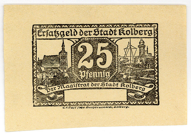 POMMERN, Kolberg, Stadt. 25 Pfennig o.D. Einseitiger Probedruck schwarz auf sämi...