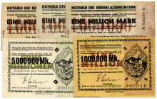 RHEINPROVINZ, Altenkirchen, Kreis. 4x 1 Millionen, 4 verschiedene, 5 Millionen Mark 10.08.1923. 5 Scheine.
II-III
Ke.0063b,c