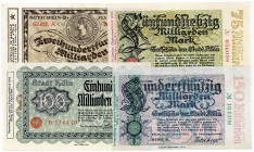RHEINPROVINZ, Köln, Stadt. 100 Milliarden 01.11.1923(I); 75 Milliarden 27.10.1923, Wellenbündel(II); 150 Milliarden 27.10.1923, Wz.Mauerwerk(II-); 250...
