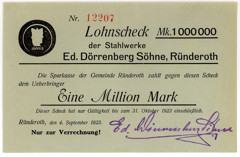 RHEINPROVINZ, Ründeroth, Stahlwerk Ed. Dörrenberg. 1 Million Mark 04.09.1923.
I...