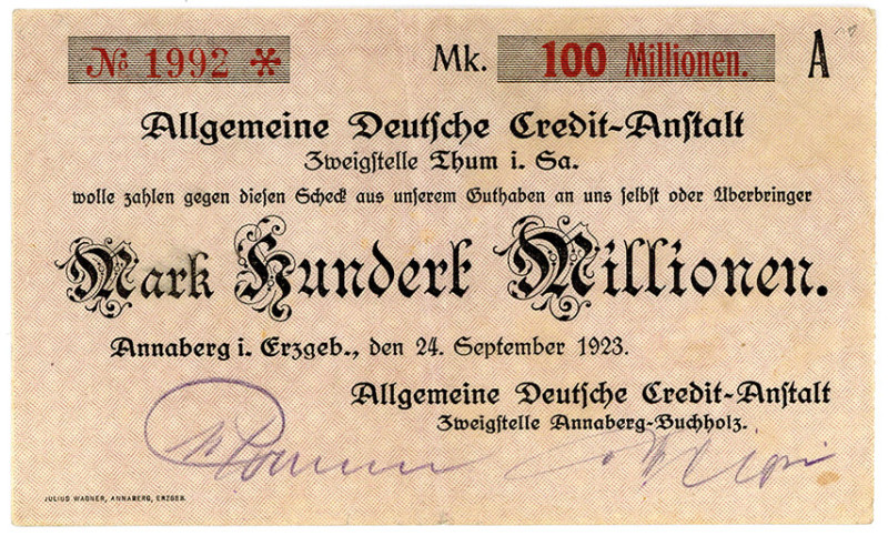 SACHSEN, Annaberg, ADCA. 100 Millionen Mark 24.09.1923.
II-
Ke.0108a