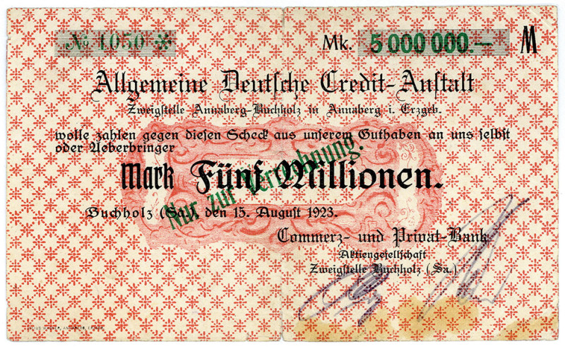 SACHSEN, Buchholz, Commerz- und Privatbank. 5 Millionen Mark 15.08.1923, Scheck ...