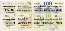 SACHSEN, Ebersbach, Sparkasse. 10, 20, 50, 100, 200 Milliarden, 5 Billionen Mark 09.1923. 6 Scheine.
I-II
Ke.1215