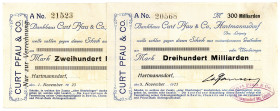SACHSEN, Hartmannsdorf, Bankhaus Carl Pfau. 200 Milliarden 01.11.1923, 300 Milliarden Mark 05.11.1923.
II-
Ke.2236k,l