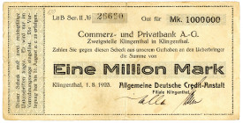 SACHSEN, Klingenthal, ADCA. 1 Million Mark 01.08.1923 auf Commerz- und Privatbank, mit Wz.Gitter.
III
Ke.2680a