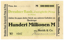 SACHSEN, Pirna, Dresdner Bank, ppa.Hoesch & Co. 100 Millionen Mark 03.10.1923.
II
Ke.4319