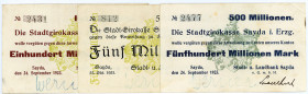 SACHSEN, Sayda, Stadt- und Landbank. 100 Millionen, 500 Millionen Mark 24.09.1923, 5 Milliarden Mark 23.10.1923. 3 Scheine.
II-III
Ke.4728c,d