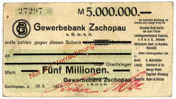 SACHSEN, Zschopau, Gewerbebank. 5 Millionen MArk 20.08.1923, Postkartenscheck.
III
Ke.5819