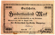 SACHSEN-ANHALT, Wanzleben, Kreis. 100.000 Mark 10.08.1923 mit Stempel:"Kontrolle" und 2 Hd.-Uschr..
III+
Ke.5459a