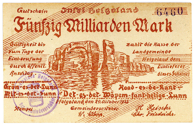 SCHLESWIG-HOLSTEIN, Helgoland, Landgemeinde. 50 Milliarden Mark 29.10.1923.
II-...