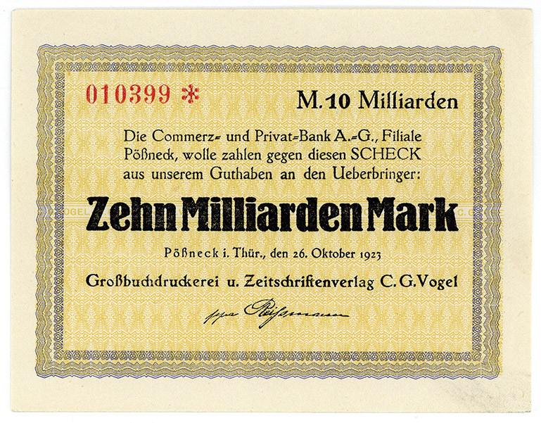 THÜRINGEN, Pößneck, C.G.Vogel Großbuchdruckerei. 10 Milliarden Mark 26.10.1923....