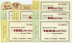 THÜRINGEN, Warza, LPG Frieden. 0,10, 0,50, 1, 5, 10, 20, 50, 100, 1000 Mark o.D. 9 Scheine.
I
Fi.147