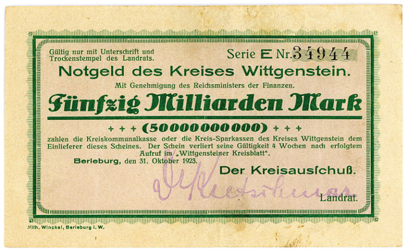 WESTFALEN, Berleburg, Kreis Wittgenstein. 50 Milliarden Mark 31.10.1923.
III+
...